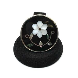 Vintage Alpaca Silvertone Black Enamel Pin Floral Mother-of-Pearl Abalone Inlay